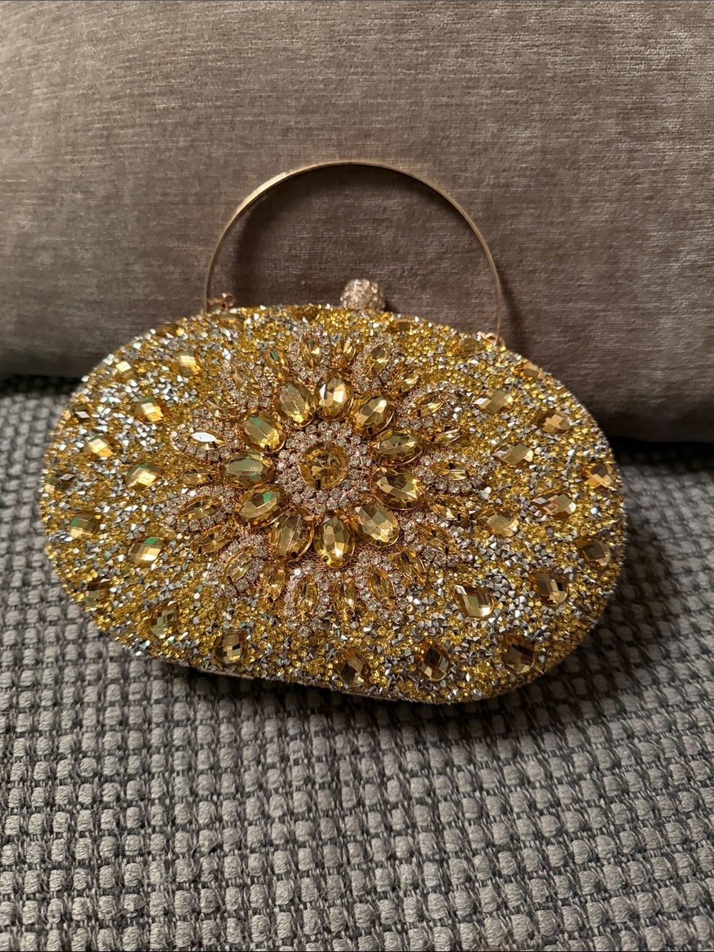 Gold Jeweled Oval Evening Clutch with Top Handle